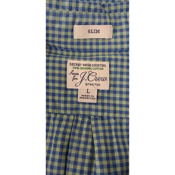 J.Crew Mens Slim Shirt Size L Green Blue Check Stretch Organic Cotton - Picture 8 of 9